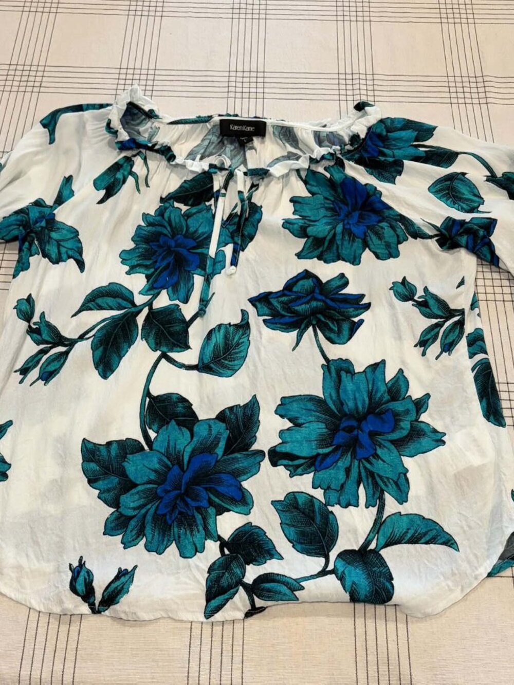 Karen Kane Wild Floral Teal Blue White EcoVero Viscose Peasant Blouse Size L